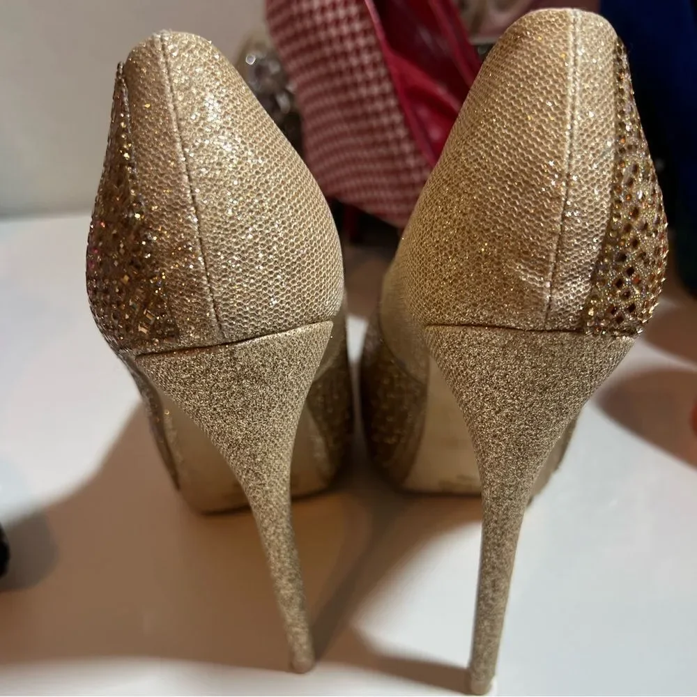 🛍️ Gold rhinestone glitter platform slip on stiletto high heel pumps size 7.5